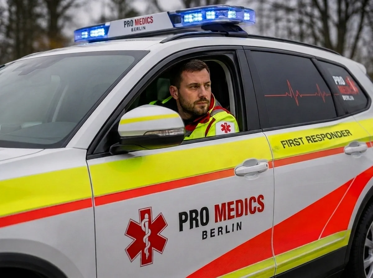 Einsatzfahrzeug von PRO MEDICS BERLIN mit Sanitäter